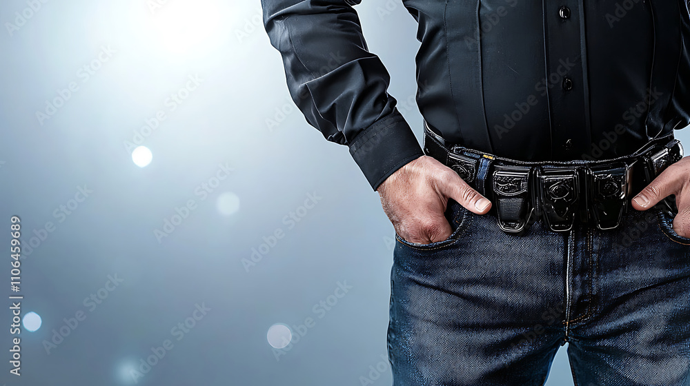 police officer in black shirt and jeans stands confidently with hands in pockets, showcasing law enforcement belt. background features soft bokeh effect police officer in black shirt and jeans stands confidently with hands in pockets, showcasing law enforcement belt. background features soft bokeh effect