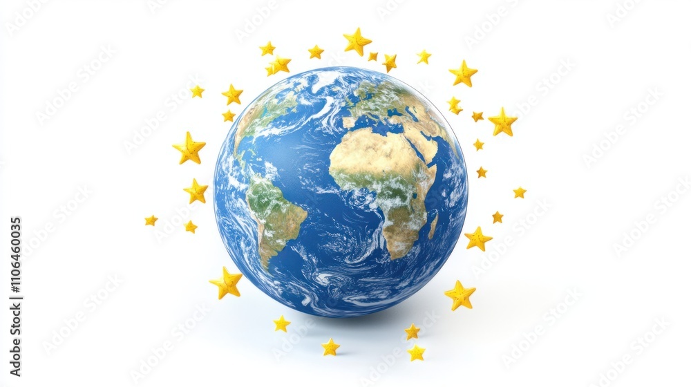 Animated 3D Earth globe surrounded by glowing stars, symbolizing a connected world, on white Animated 3D Earth globe surrounded by glowing stars, symbolizing a connected world, on white