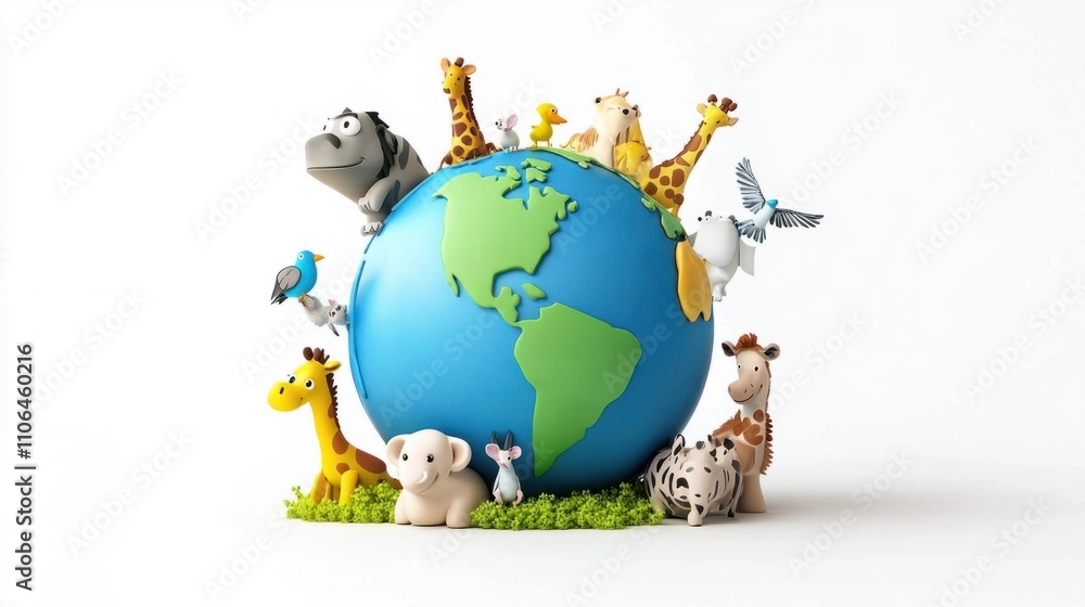 Bright 3D Earth globe with cartoon-style animals around it, celebrating biodiversity, isolated on white
