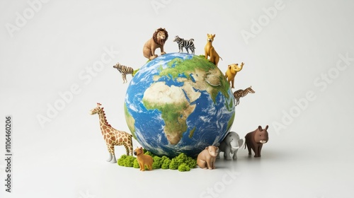 Obraz na płótnie Bright 3D Earth globe with cartoon-style animals around it, celebrating biodiversity, isolated on white w salonie