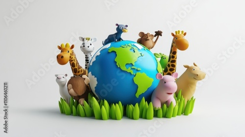 Obraz na płótnie Bright 3D Earth globe with cartoon-style animals around it, celebrating biodiversity, isolated on white w salonie