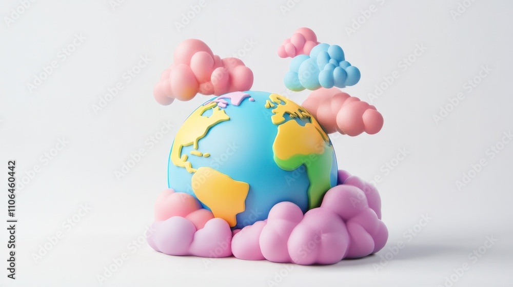 Colorful 3D Earth globe with cartoon-style continents and whimsical clouds, floating on white