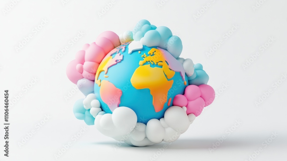 Colorful 3D Earth globe with cartoon-style continents and whimsical clouds, floating on white