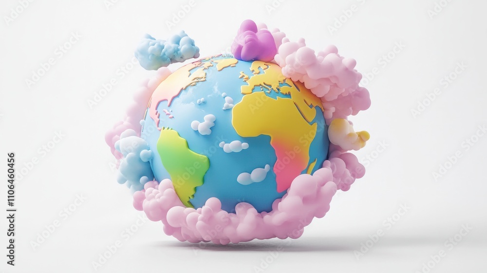 Colorful 3D Earth globe with cartoon-style continents and whimsical clouds, floating on white