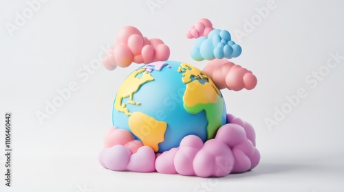 Obraz na płótnie Colorful 3D Earth globe with cartoon-style continents and whimsical clouds, floating on white w salonie