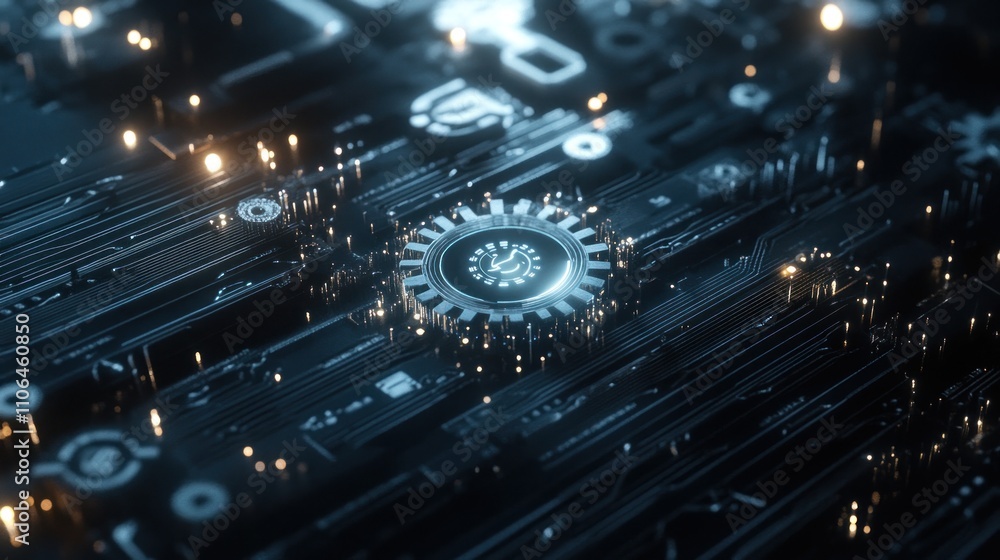 Obraz premium Futuristic Circuit Board with Glowing Cog