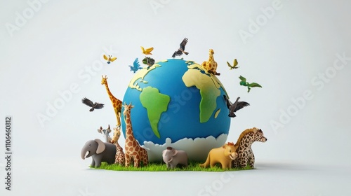 Playful 3D cartoon Earth globe surrounded by cartoon-style animals, celebrating wildlife, on white