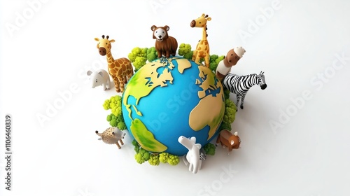 Playful 3D cartoon Earth globe surrounded by cartoon-style animals, celebrating wildlife, on white