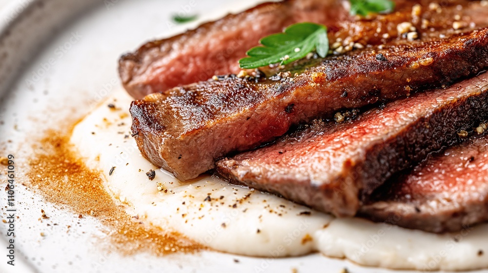 Savory Iron Bavette Steak Served on Creamy Mashed Potatoes with Aromatic Seasoning and Fresh Herbs for a Delicious Dining Experience Savory Iron Bavette Steak Served on Creamy Mashed Potatoes with Aromatic Seasoning and Fresh Herbs for a Delicious Dining Experience
