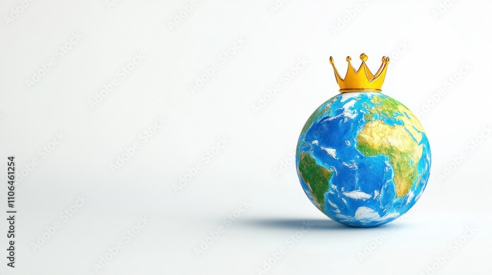 Vibrant cartoon Earth globe wearing a tiny crown, isolated on a clean white backdrop Vibrant cartoon Earth globe wearing a tiny crown, isolated on a clean white backdrop