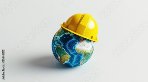 Vibrant 3D Earth globe wearing a construction helmet, symbolizing building a better future, on white