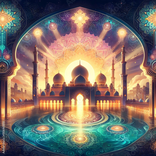 Beautiful Islamic Mosque Devine Spiritual Arabic Art HD Image. Muslim Masjid Concept Background for Whishing Happy Eid, Friday, Holy Ramadan, Good Morning, For Islamic Status or Posts Greetings Image. photo