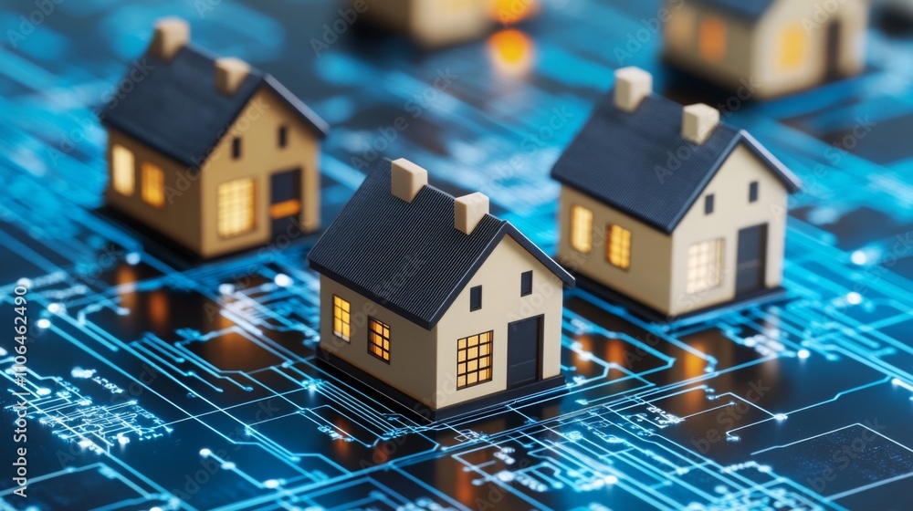 Model houses are showcased on a glowing circuit board, representing the intersection of real estate and technology. Model houses are showcased on a glowing circuit board, representing the intersection of real estate and technology.