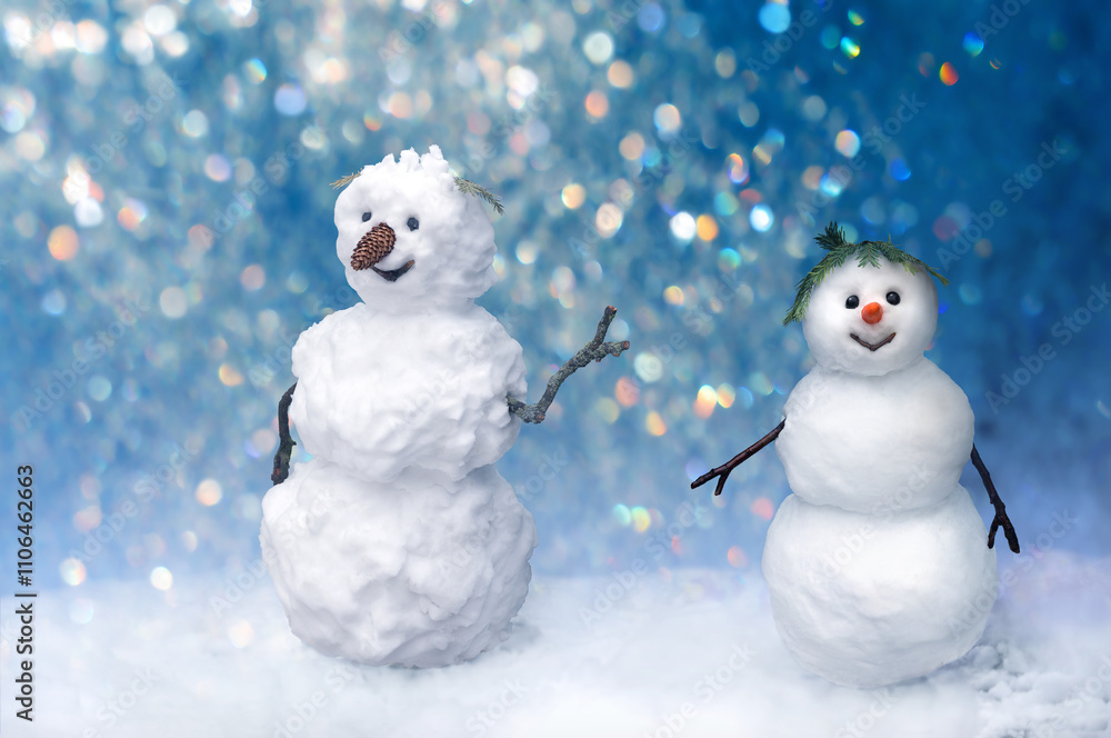 Old and young snowman smiling on New Year's background of colored lights Old and young snowman smiling on New Year's background of colored lights
