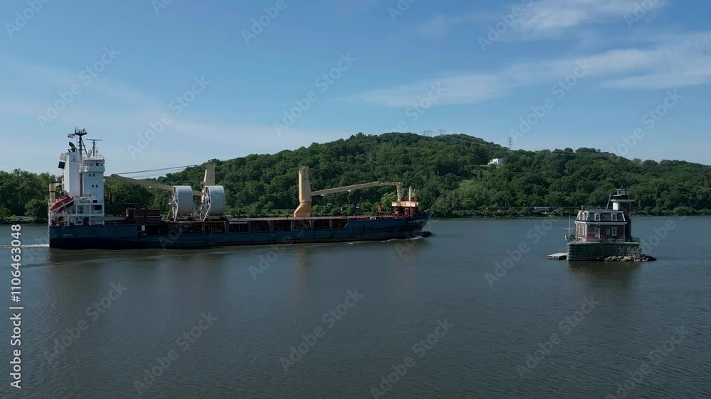 Large cargo ship sailing in a harbor with mountains in the background past a historic lighthouse, drone 4K Large cargo ship sailing in a harbor with mountains in the background past a historic lighthouse, drone 4K