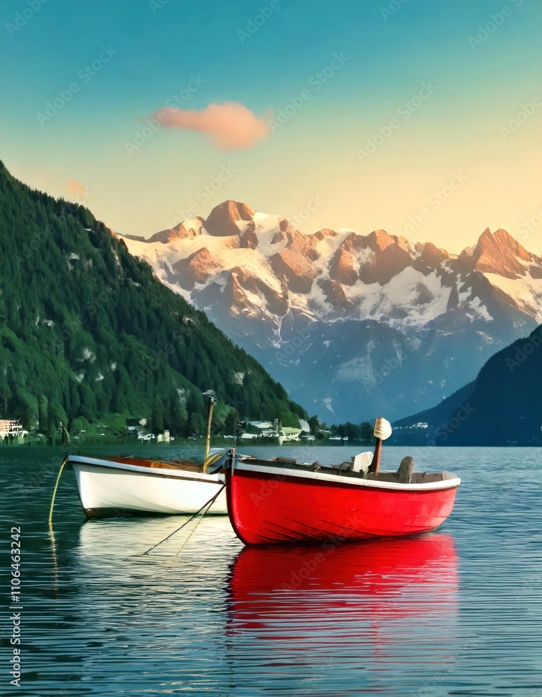 photorealistic red and white two small boats connected with rope on top of water, swiss photorealistic red and white two small boats connected with rope on top of water, swiss
