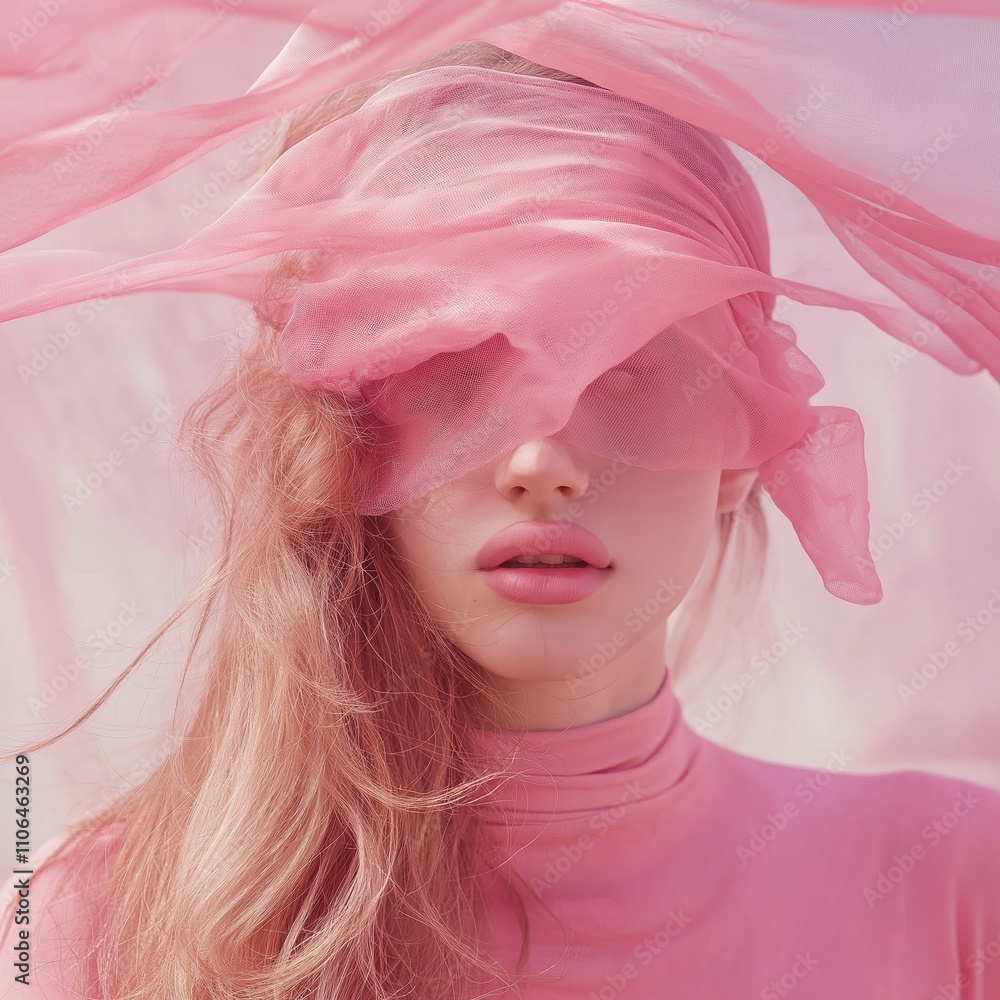 A stunning portrait of a woman enveloped in soft pink fabric.