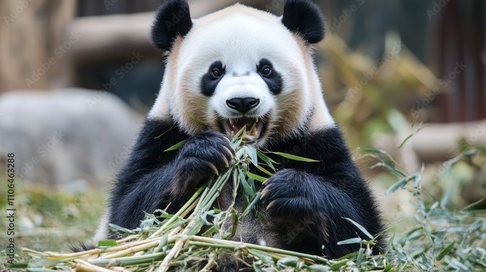 A Close-Up of a Panda Enjoying a Bamboo Meal A Close-Up of a Panda Enjoying a Bamboo Meal