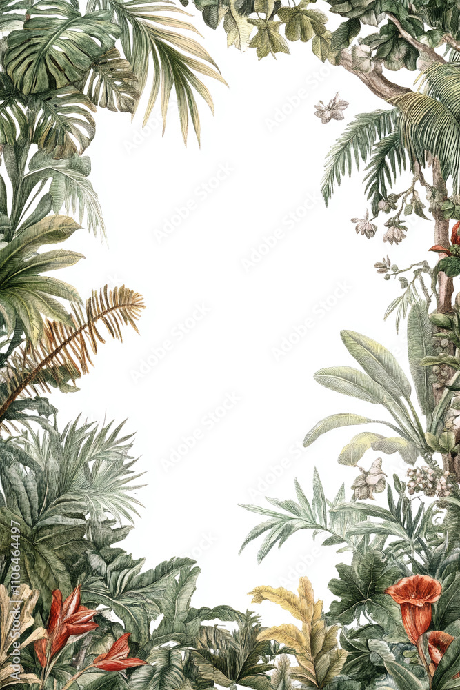 Jungle-themed botanical frame featuring dense tropical leaves and vibrant flowers, ideal for design elements Jungle-themed botanical frame featuring dense tropical leaves and vibrant flowers, ideal for design elements