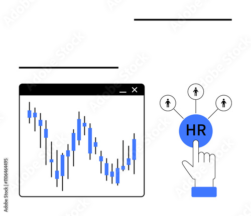 Graph with fluctuating data points in a software window next to a hand icon pointing at an HR button. Ideal for data analysis, HR management, tech startups, corporate analysis, workforce planning