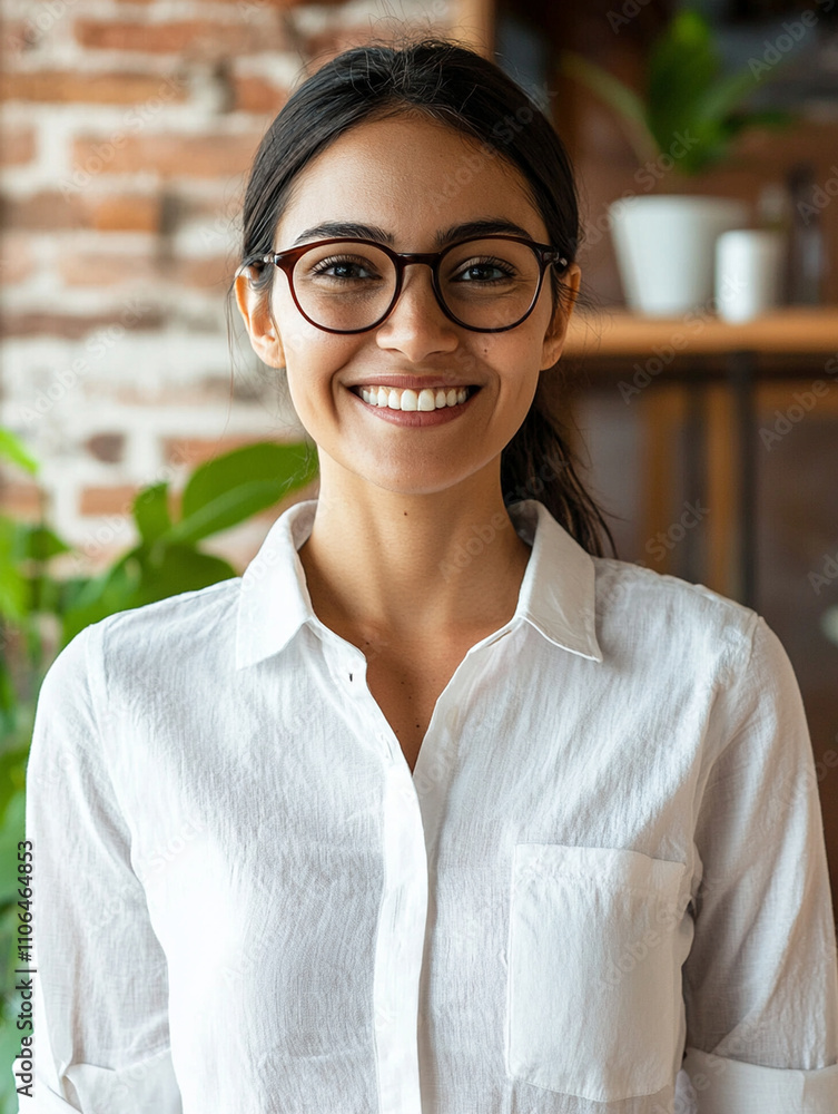 Smiling businesswoman in minimalist office setting, showcasing confidence and professionalism. Her glasses and white shirt add to modern aesthetic Smiling businesswoman in minimalist office setting, showcasing confidence and professionalism. Her glasses and white shirt add to modern aesthetic
