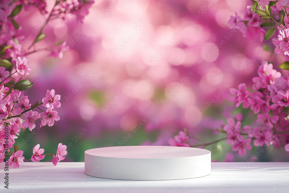 White product pedestal surrounded by vibrant pink cherry blossoms in a blurred background White product pedestal surrounded by vibrant pink cherry blossoms in a blurred background