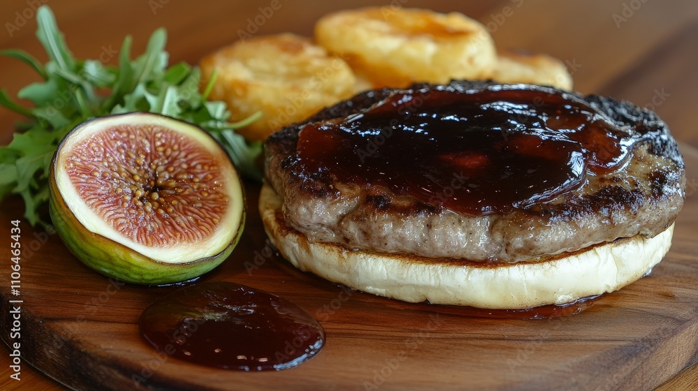 A gourmet burger served with fig, sauce, and side dishes on a wooden platter. A gourmet burger served with fig, sauce, and side dishes on a wooden platter.