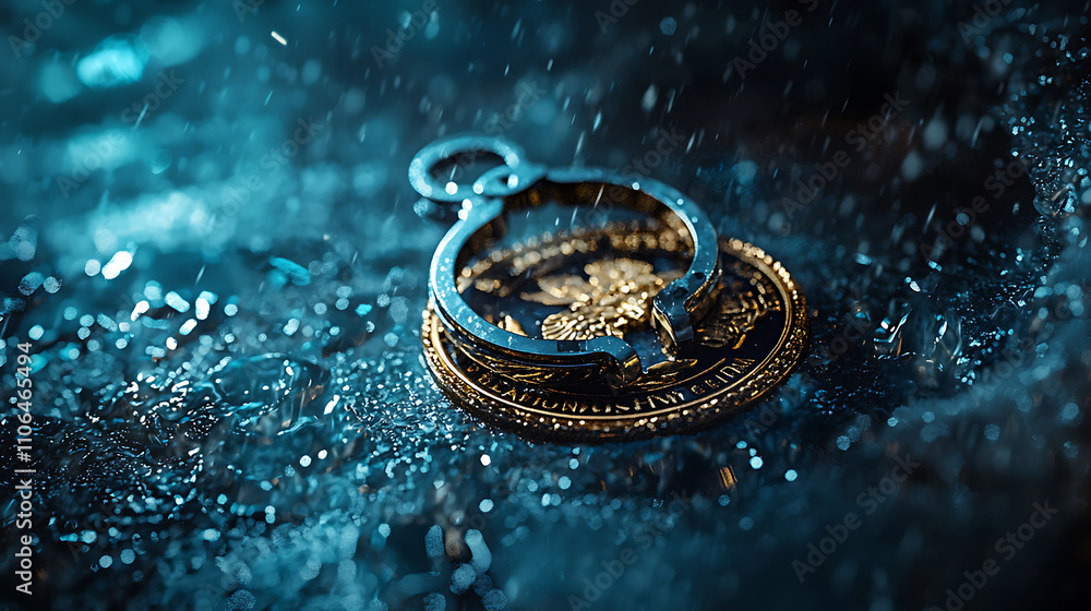 close up of handcuffs and coin resting on wet surface, creating dramatic and moody atmosphere. water droplets enhance visual impact close up of handcuffs and coin resting on wet surface, creating dramatic and moody atmosphere. water droplets enhance visual impact