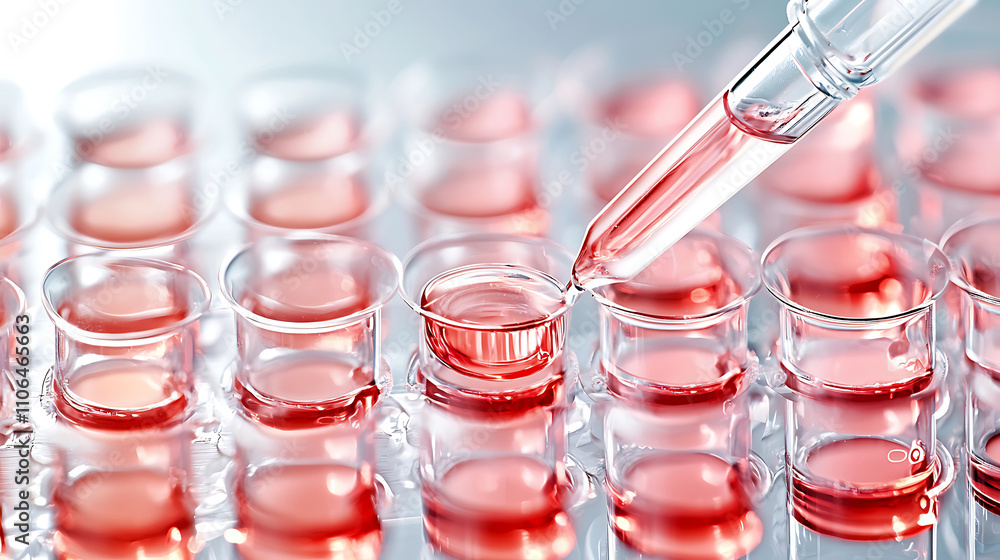 Laboratory technician conducting tests with pipette and red liquid in glass wells. precision and focus in this scientific environment highlight importance of research Laboratory technician conducting tests with pipette and red liquid in glass wells. precision and focus in this scientific environment highlight importance of research