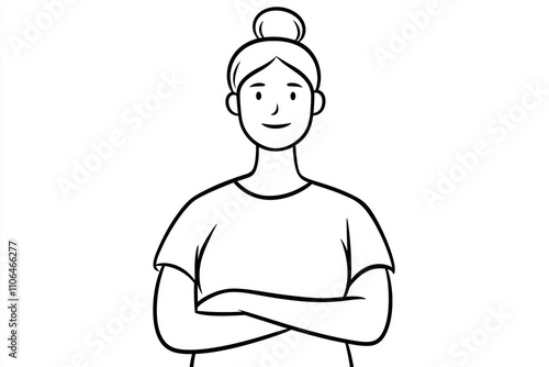 Woman with her hair in a bun, smiling gently, and standing with arms folded, drawn in bold black lines on a plain white background