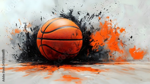 A basketball is shown in a splash of paint, with the ball being the main focus