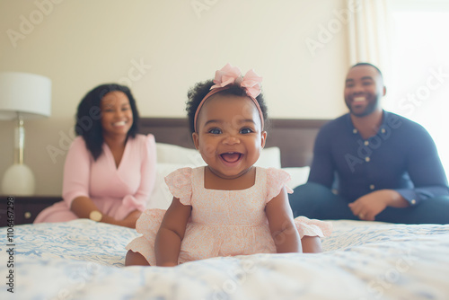 Happy African American baby wearing a pink dress sitting on a bed with smiling parents in the background