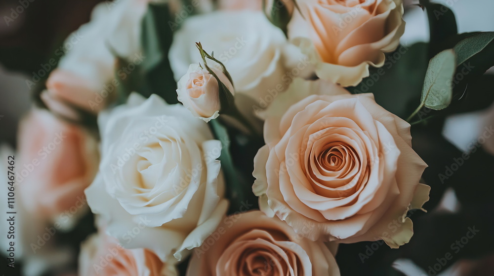 Close-up of white and blush pink roses arranged together, with soft lighting creating a dreamy, delicate atmosphere Valentine's day horizontal web banner, sale flyer, advert, greeting card Close-up of white and blush pink roses arranged together, with soft lighting creating a dreamy, delicate atmosphere Valentine's day horizontal web banner, sale flyer, advert, greeting card