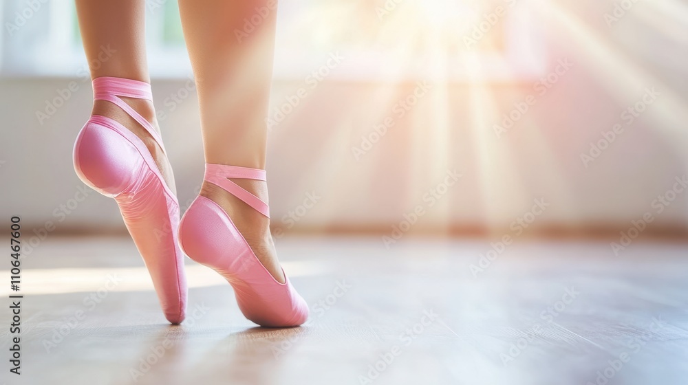 Ballet Dancer on Pointe, Showcasing Ribbons and Textured Floor in Soft Natural Light Ballet Dancer on Pointe, Showcasing Ribbons and Textured Floor in Soft Natural Light