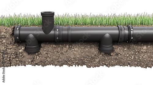 Black PVC pipe with tee connection and two outlets, buried in the ground. photo