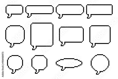 Pixelated speech bubble shapes in black and white, set of 12 pixelated speech bubble, pixel art.