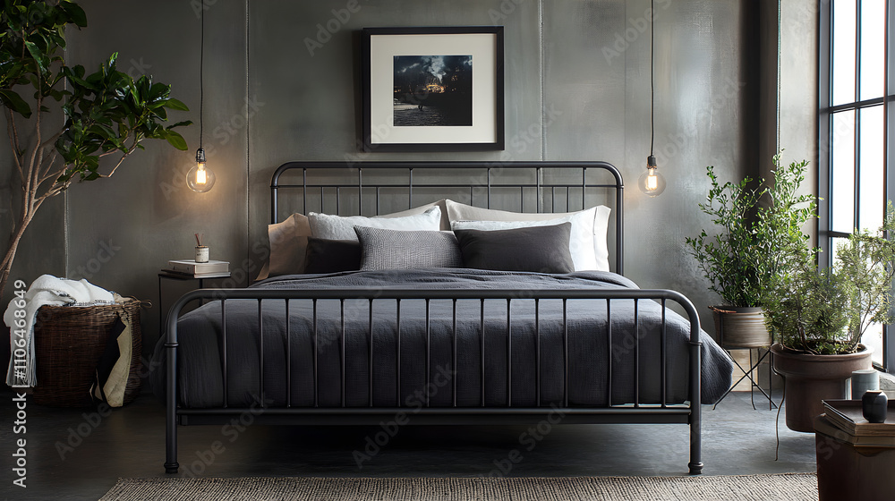 A sleek, modern metal-framed bed with simple bedding, emphasizing industrial-chic design