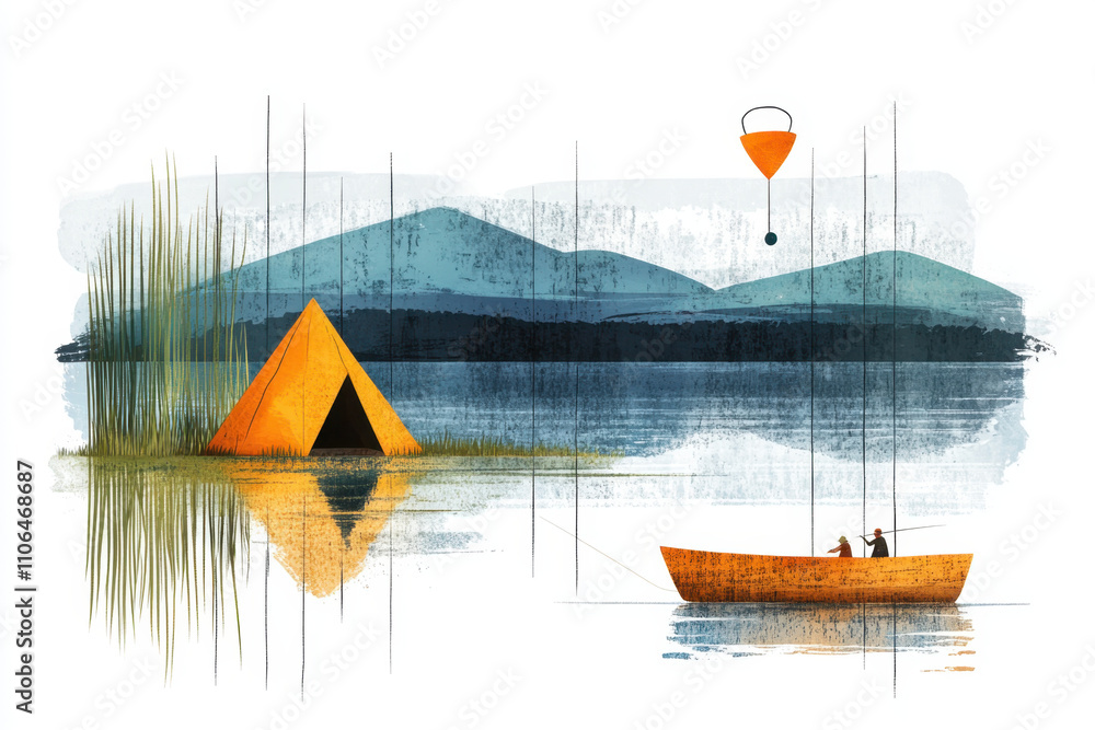Naklejka premium Joyful camping. A tranquil landscape featuring a yellow tent by a lake, a boat with two people, mountains in the background, and a hot air balloon overhead.