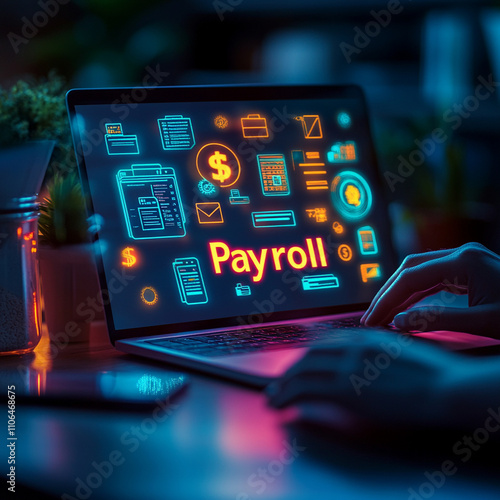 Ai generate payroll management office workspace digital content nighttime environment close-up viewpoint financial strategy insight