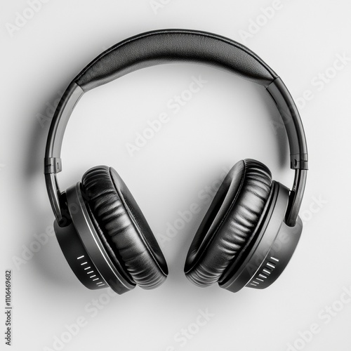 Sleek black over-ear headphones on a minimalist white background, AI