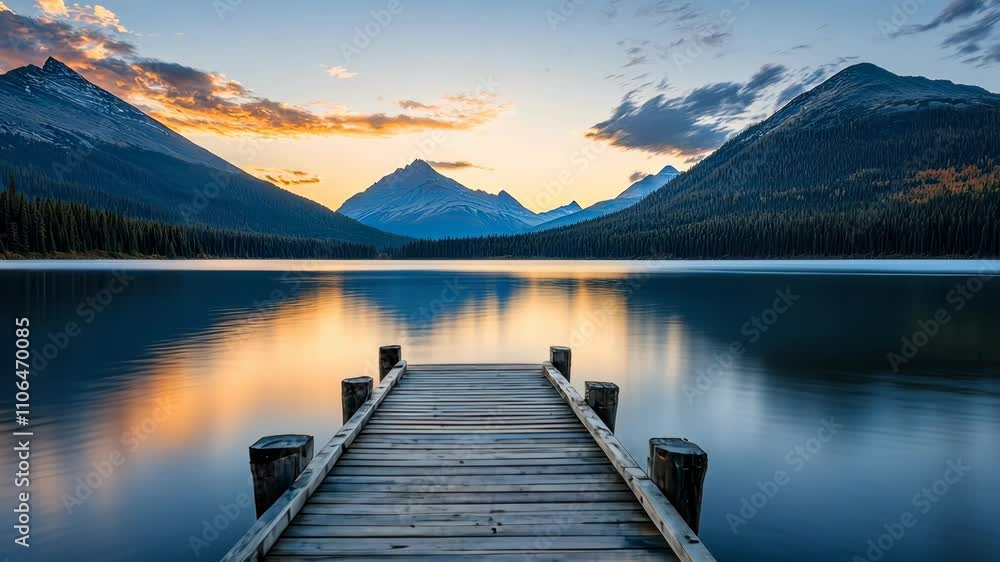 Serene Lake Reflection with Dock and Mountain View at Sunset Serene Lake Reflection with Dock and Mountain View at Sunset