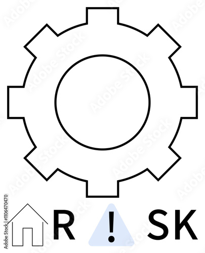 Gear symbol with home icon and exclamation mark in place of the i in the word RISK. Ideal for home safety, risk assessment, warning signs, insurance, hazard identification, repair services. Line