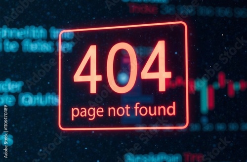 A bright red error message indicating a 404 status appears on a digital screen filled with code and graphs, signaling that the requested page could not be found on the server. photo