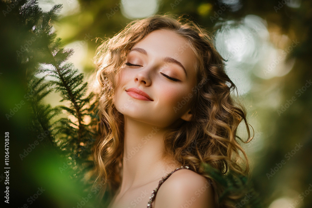 Fototapeta premium Young woman enjoying nature with closed eyes in a lush green setting