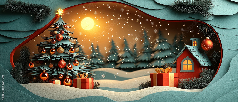 Illustration festive de Noël en art découpé avec scène hivernale Illustration festive de Noël en art découpé avec scène hivernale