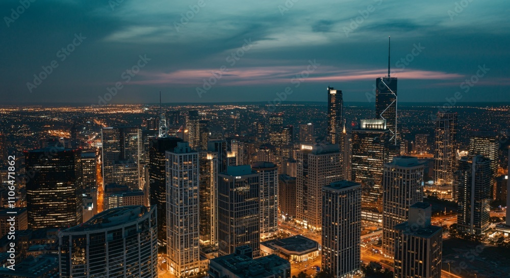 Obraz premium Aerial view of a cityscape with lights glowing at twilight