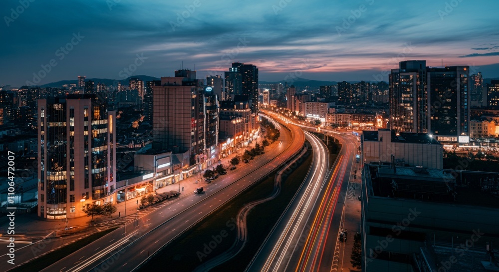 Fototapeta premium Aerial view of a cityscape with lights glowing at twilight