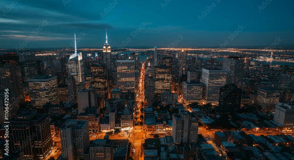 Fototapeta premium Aerial view of a cityscape with lights glowing at twilight