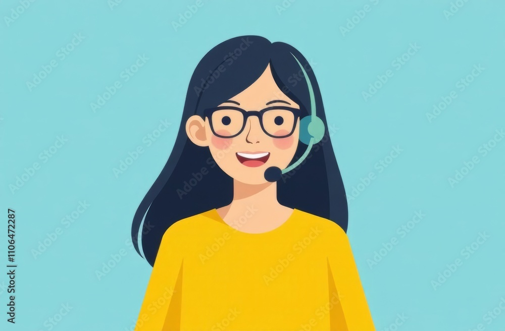 A young woman with long dark hair and glasses smiles while wearing a headset. A young woman with long dark hair and glasses smiles while wearing a headset.