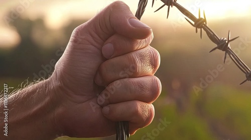 A close-up of a strong male hand gripping barbed wire against a soft, sunlit background. photo